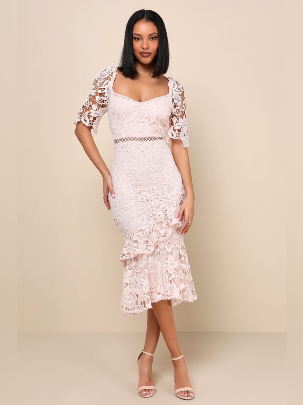 NEW Lulus Briarwood Women Blush Pink Lace Ruffled Midi Dress Size XS Cocktail